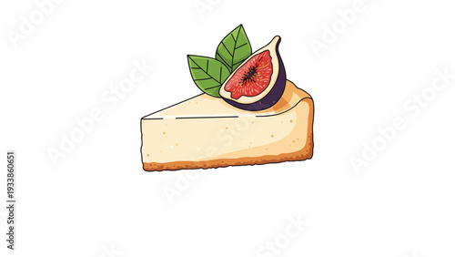 Appetizing slice of creamy cheesecake topped with a fresh halved fig and green mint leaves isolated on a white background.