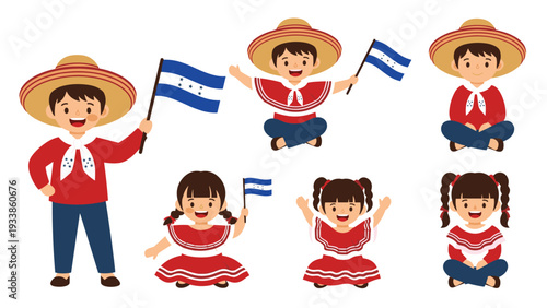 Cute collection of boys and girls from Honduras wearing traditional clothes and holding the national flag in various happy poses.