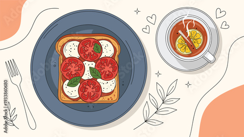 Healthy breakfast featuring tomato and mozzarella toast on a blue plate served with hot lemon tea and decorative leaves.