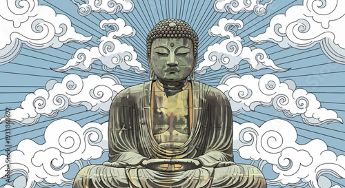 Buddha Statue with Clouds and Sun Rays