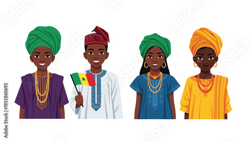 Group of four smiling young people from Senegal wearing colorful traditional African clothing, with one boy holding the national flag.