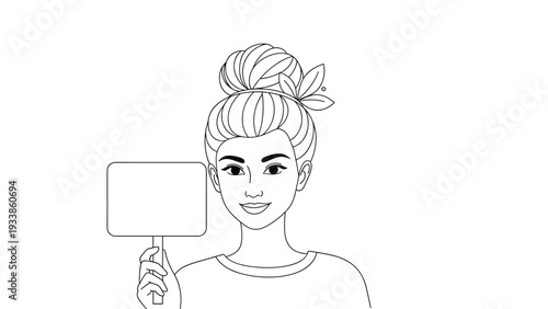 Minimalist line art drawing of a young woman with a hair bun holding up a blank rectangular sign for custom messaging.