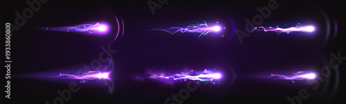 Realistic laser gun effects with neon energy beams and plasma blasts, vector illustrations isolated on transparent. Vector game design elements, power light trails, lightning sparks and power shots