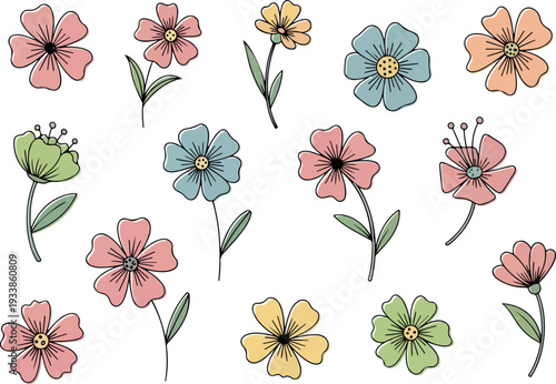 A collection of colorful hand-drawn flowers with varying petals and stems arranged in a visually appealing pattern on a clean white background from a direct viewpoint