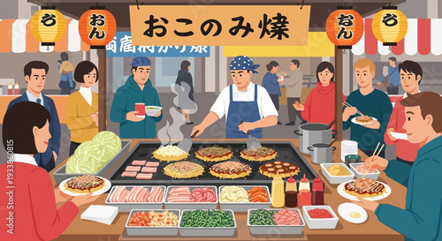 Japanese Okonomiyaki Street Food Stall with Customers