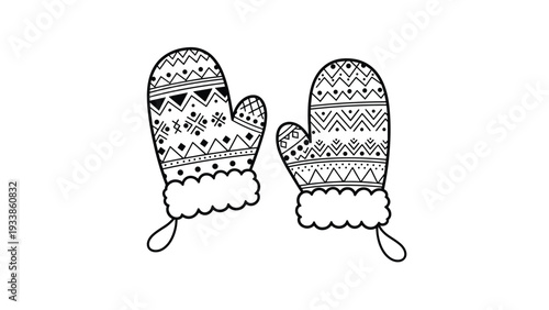 Intricate black and white line art illustration of a pair of winter mittens featuring traditional geometric patterns.