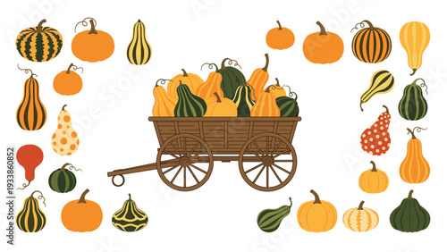 Vibrant autumn harvest illustration featuring a rustic wooden cart brimming with a diverse assortment of colorful pumpkins and gourds.