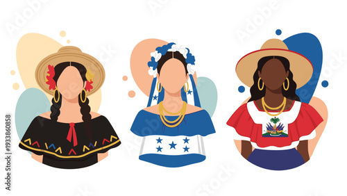Diverse group of three faceless women representing Honduras, Haiti, and another Latin culture in their beautiful traditional attire.