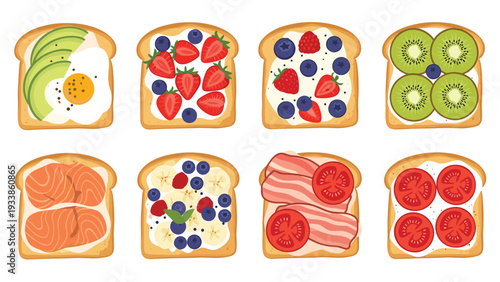 Diverse collection of toast slices topped with fresh fruits, vegetables, egg, bacon, and salmon for breakfast and snack inspiration.