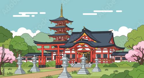 Japanese Shrine and Pagoda with Cherry Blossoms