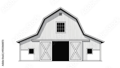 Detailed black and white line art illustration of a traditional country barn with large sliding doors and a loft window on white.