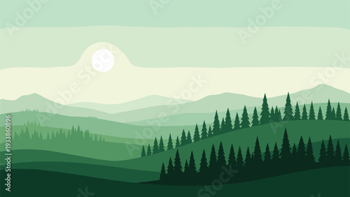 Peaceful green mountain landscape featuring layers of hills covered in pine forest under a soft misty morning sun in the horizon.