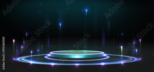 Future technology round podium with glowing blue hologram effect. Abstract vector background with tech portal and neon light beams, digital stage for product presentation in cyber punk space