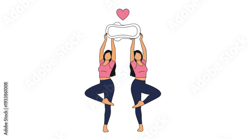 Two women in yoga tree pose holding a sanitary pad with a heart, symbolizing menstrual health, hygiene, and female solidarity.