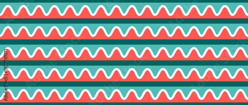 Seamless geometric pattern, alternating horizontal orange and green stripes and white wavy lines, vector