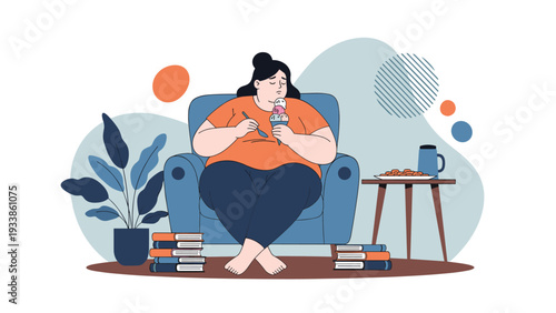 Illustration of a sad and lonely overweight woman sitting in a comfortable armchair at home, eating ice cream for emotional comfort.