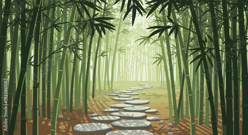 Peaceful Bamboo Forest Path with Stepping Stones