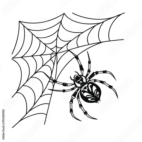 A creepy black spider silhouette sits on a poisonous cobweb trap in this scary nature vector illustration designed for a Halloween horror tattoo or cartoon symbol
