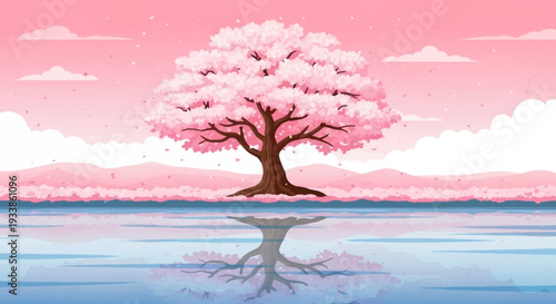 Pixel Art Cherry Blossom Tree Reflection in Water
