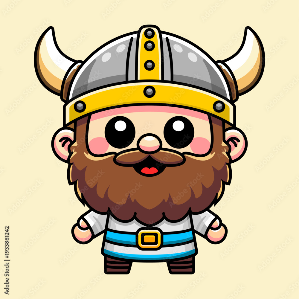 Obraz premium Cute Viking Warrior Cartoon Character with Helmet and Beard in Adorable Style