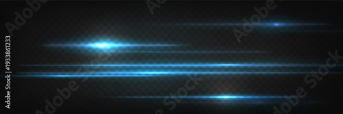 Bright blue laser beam streaks isolated on dark background. Glowing neon light effect, dynamic horizontal trail and abstract digital energy flare. Speed streak of energy, overlay set