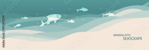 Minimalistic seascape, stylized seashore, shoal of fish, vector illustration