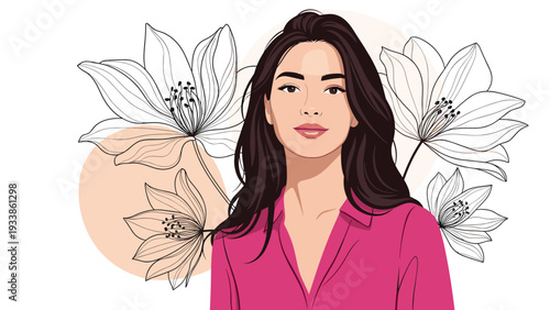 Beautiful vector portrait of a confident young woman with long dark hair, set against a background of elegant line-art flowers.