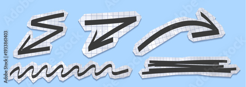 Papercut arrow stickers for scrapbook collage, realistic vector set isolated on background. Grunge cutout collection with doodle elements, fancy black arrows, vintage square box paper texture