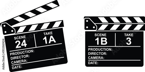 Film clapper boards for movie production scene takes and director's cues on white background