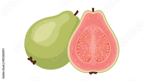 Simple and clean illustration of a whole green guava next to one cut in half, revealing its vibrant pink flesh and seeds.