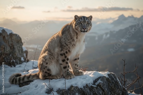 A snow leopard sits on a rock against a winter landscape. Snow covers the ground, and the sun sets in the background. The mountain scenery shows peaks and valleys. The animal looks alert.