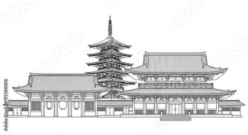Japanese Temple Pagoda Architecture Line Drawing