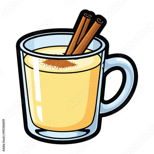A warm yellow liquid in a clear glass mug with cinnamon sticks inside, viewed from the side, on a simple white background