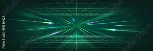 Neon light wireframe tunnel with laser beams flare and perspective, abstract vector background. Digital blue rays with speed effect in cyber space with glowing light trails
