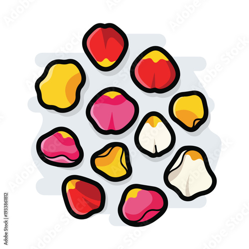 Assorted colorful candy pieces arranged in a scattered pattern on a flat surface, viewed from directly above.