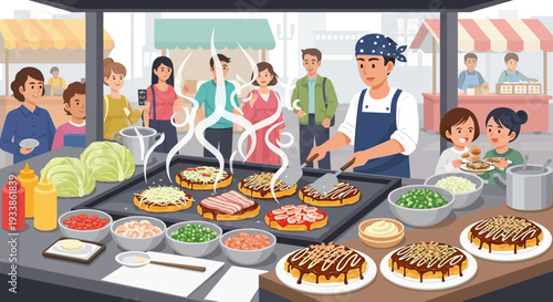 Street Food Vendor Cooking Okonomiyaki at Outdoor Stall