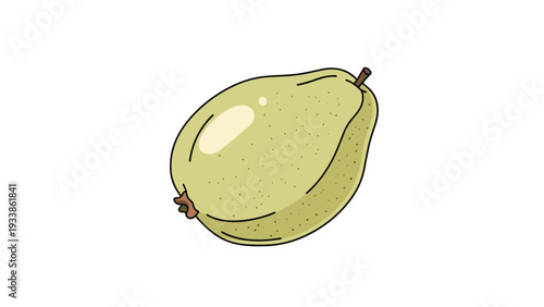 Simple line art illustration with color of a whole guava fruit, featuring a light green, slightly speckled skin and distinct shape.