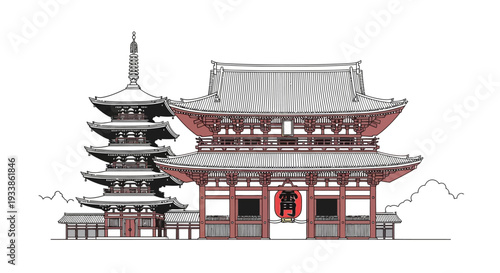Traditional Japanese Temple Gate and Pagoda Architecture