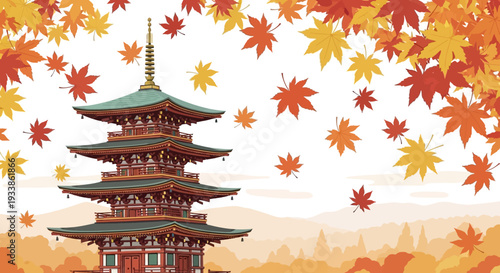 Autumn Pagoda Temple with Falling Maple Leaves