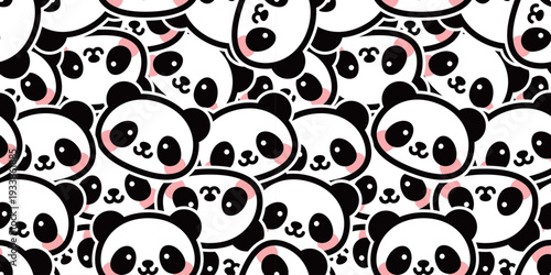 かわいいパンダの顔が敷き詰められたシームレスパターン｜動物背景イラスト　Seamless Pattern Filled with Cute Panda Faces
