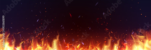 Realistic fire flames with glowing sparks and smoke effect on black background. Vector illustration of fiery orange and red burning embers, dramatic heat overlay