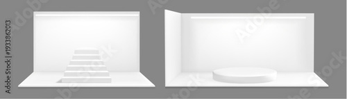 3D booth mockup with clean white walls, empty space and staircase podium, Vector set isolated on grey background. Exhibition room box, product displays with realistic corner perspective and led lamps