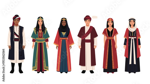 A diverse group of men and women dressed in various traditional Middle Eastern and Central Asian folk costumes and headwear.
