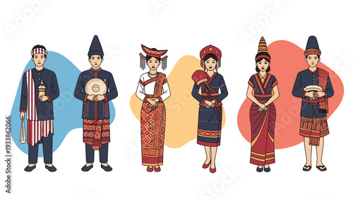Collection of men and women from different Indonesian ethnic groups, such as Batak and Minangkabau, wearing traditional attire.