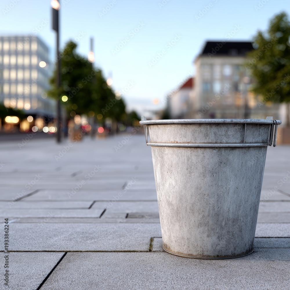 Fototapeta premium Metal bucket on urban sidewalk in modern cityscape