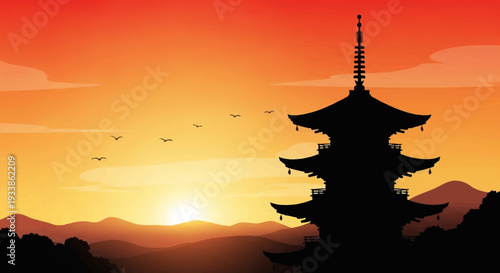 Pagoda Silhouette at Sunset with Mountains and Birds