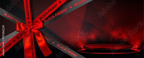 Black Friday sale podium with 3D stage design black tape and red silk ribbon with bow, realistic vector background. Modern discount banner template, dark platform display with red accents