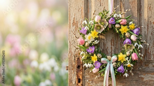 Floral Easter wreath hanging on wooden door with spring background  