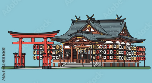 Japanese Shrine Torii Gate and Temple with Lanterns