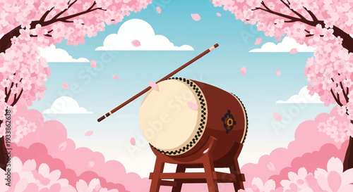 Japanese Taiko Drum with Cherry Blossoms and Petals Falling